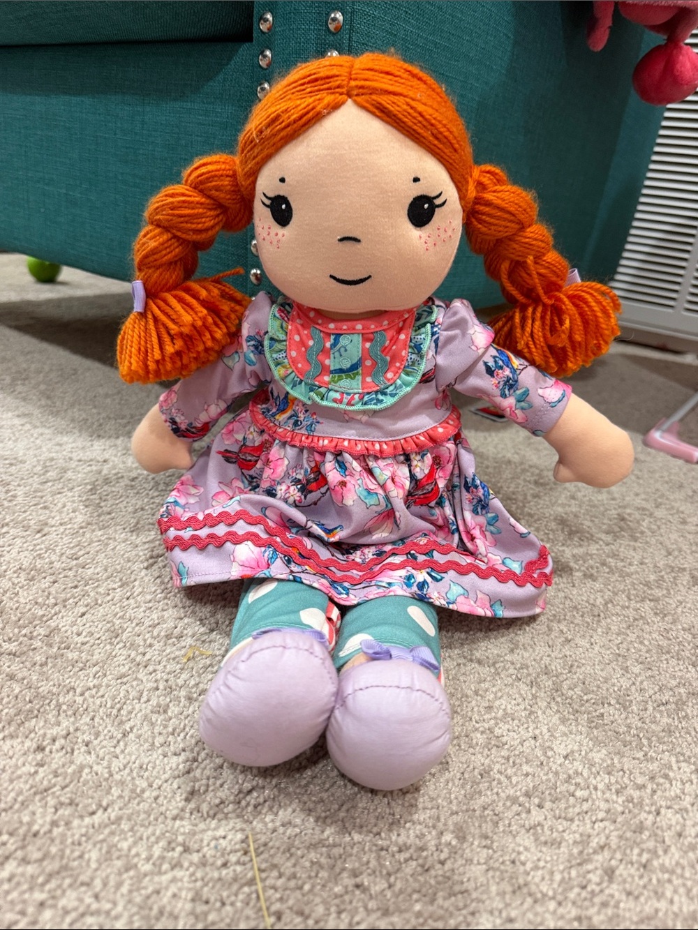 Matilda Jane Orange-Haired Rag Doll in Pink Patterned Dress